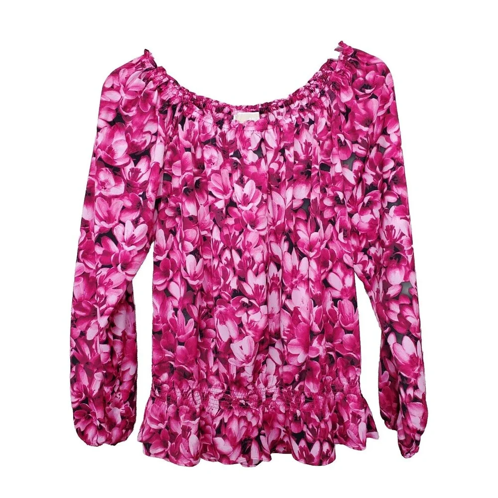 Michael Kors Pink Floral Smocked Waist Long Sleeve Blouse Size PM